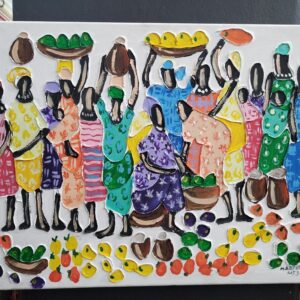 The artwork portrays a lively gathering of women carrying baskets of fruit and produce, symbolizing community, resilience, and cultural tradition.
